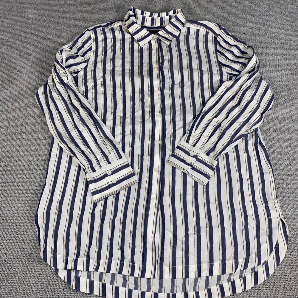 Banana Republic Parker Shirt Womens Large Blue White Gold Stripe Metallic Blouse